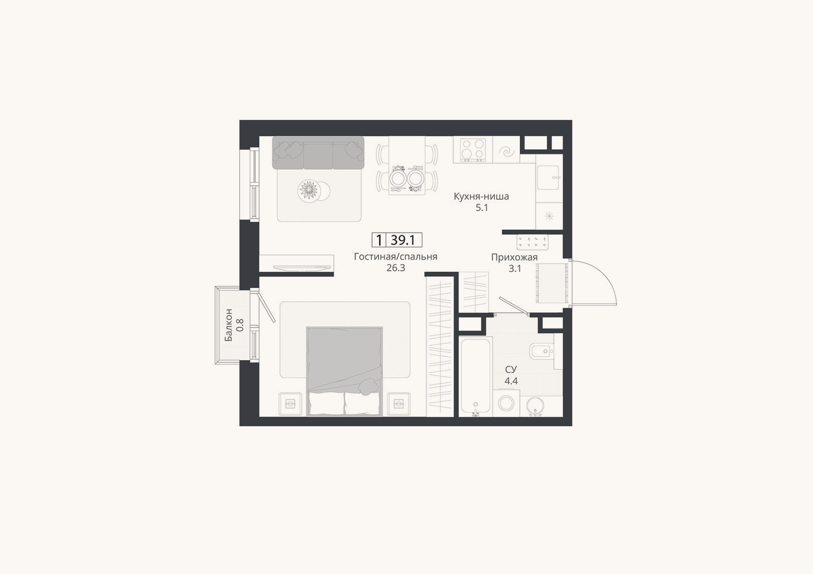 Планировка: Студия, 38,9 м²
