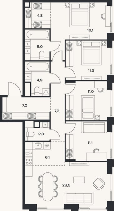Планировка: 4+ к, 110,3 м²