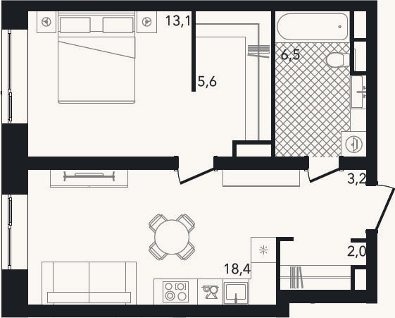 Планировка: 2-к, 48,8 м²