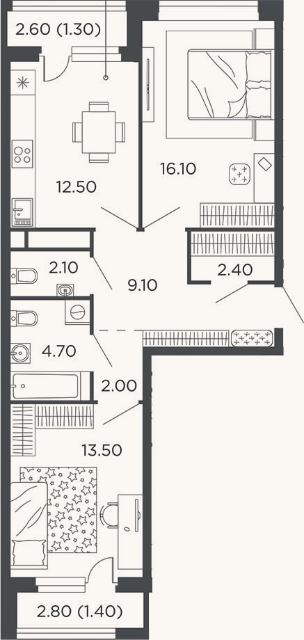 Планировка: 2-к, 62,4 м²