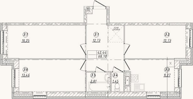 Планировка: 3-к, 68,7 м²