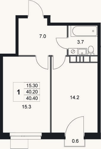 Планировка: 1-к, 40,2 м²