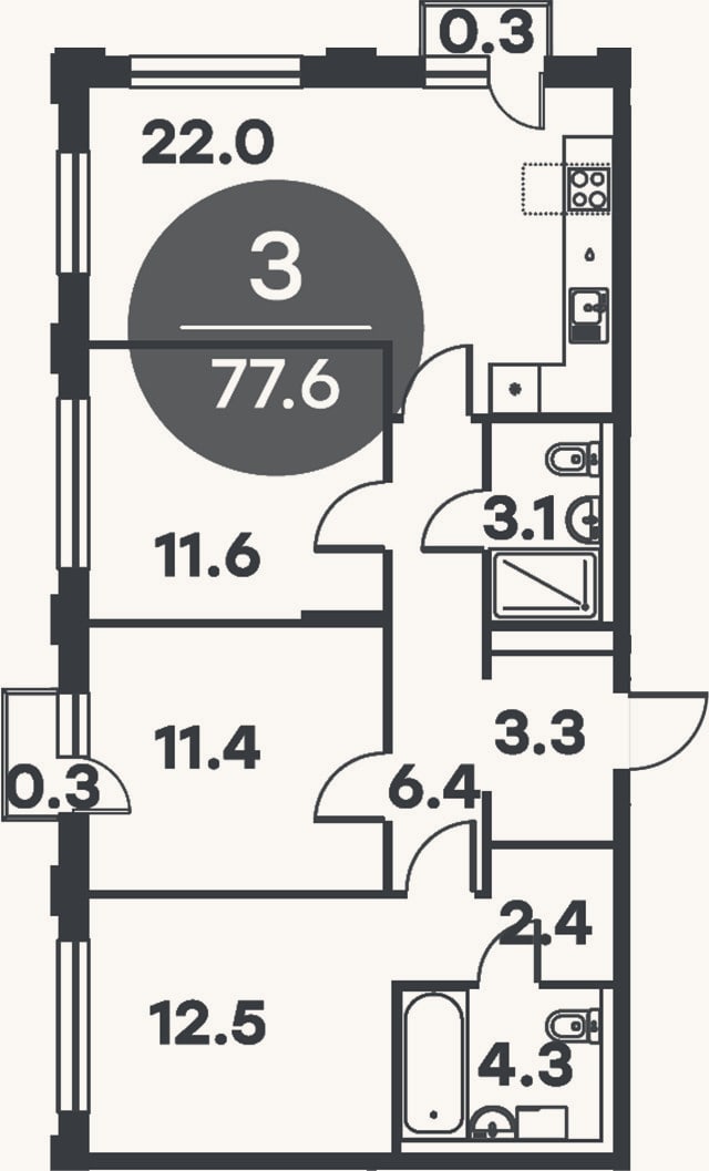 Планировка: 3-к, 77 м²