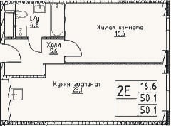 Планировка: 2-к, 50,1 м²