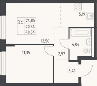 Планировка: 2-к, 40,5 м²