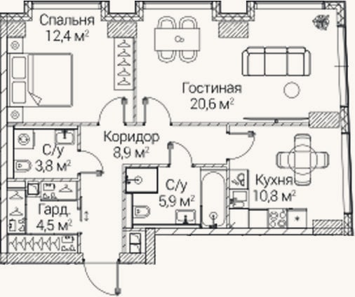 Планировка: 2-к, 66,8 м²