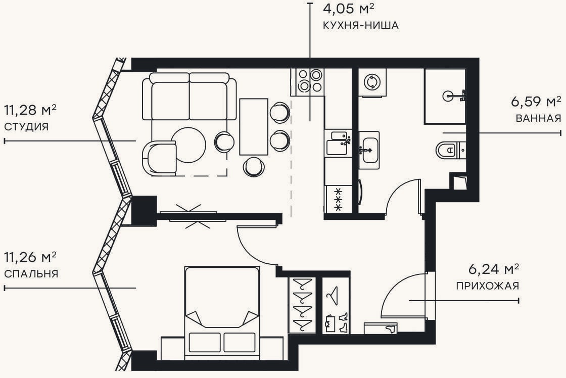 Планировка: 2-к, 39,5 м²
