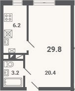 Планировка: 1-к, 29,8 м²