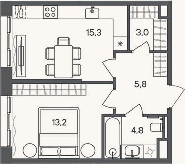 Планировка: 1-к, 42,1 м²
