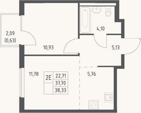 Планировка: 2-к, 37,7 м²