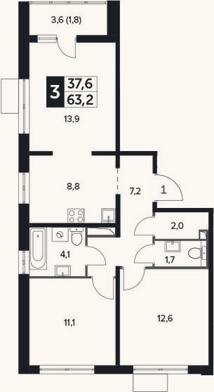 Планировка: 3-к, 61,4 м²