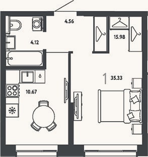 Планировка: 1-к, 35,3 м²