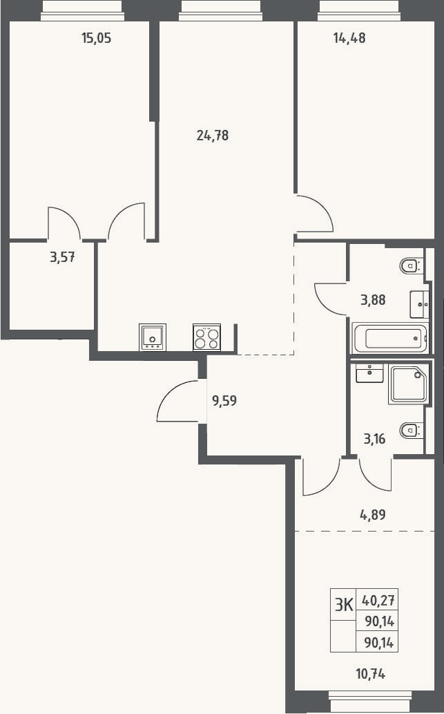 Планировка: 3-к, 90,1 м²
