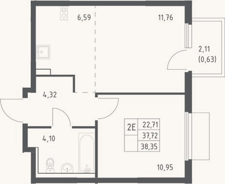 Планировка: 2-к, 37,7 м²
