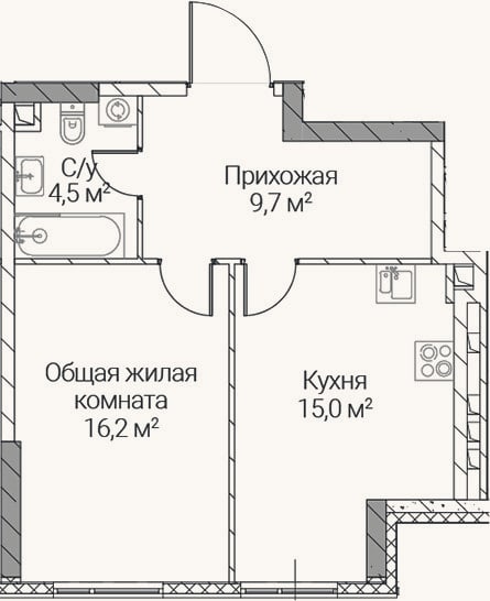 Планировка: 1-к, 45,4 м²