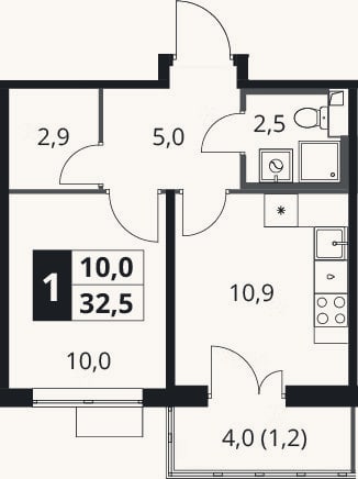 Планировка: 1-к, 31,3 м²