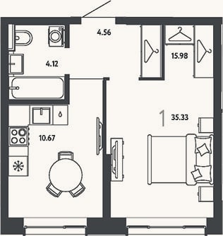 Планировка: 1-к, 35,3 м²