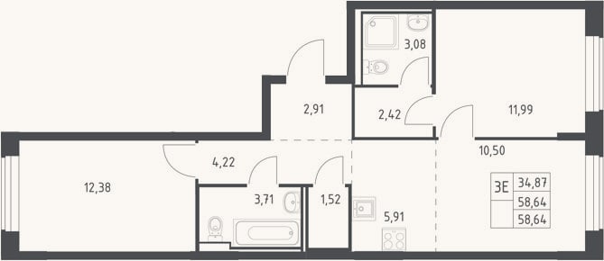 Планировка: 3-к, 58,6 м²