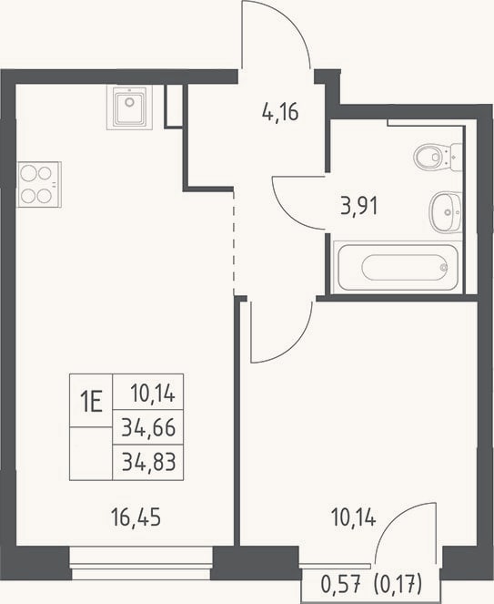 Планировка: 2-к, 34,7 м²