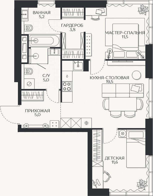 Планировка: 2-к, 61,6 м²
