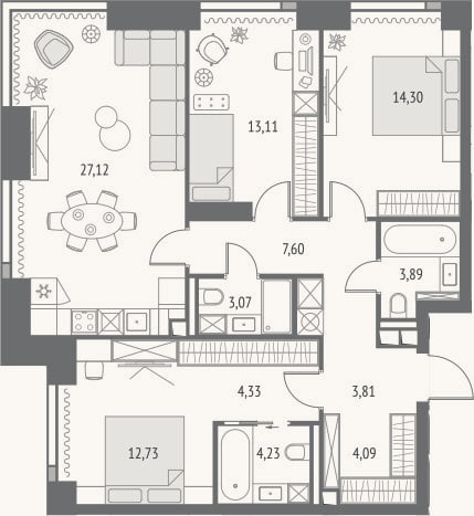Планировка: 4+ к, 98,3 м²