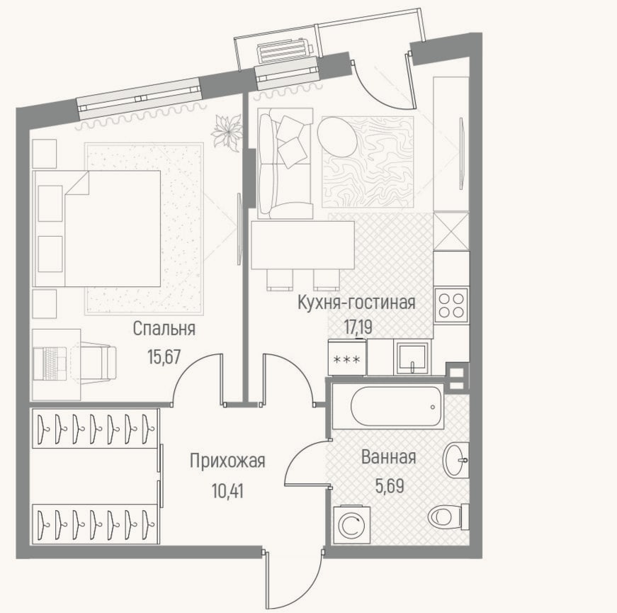 Планировка: 1-к, 49 м²