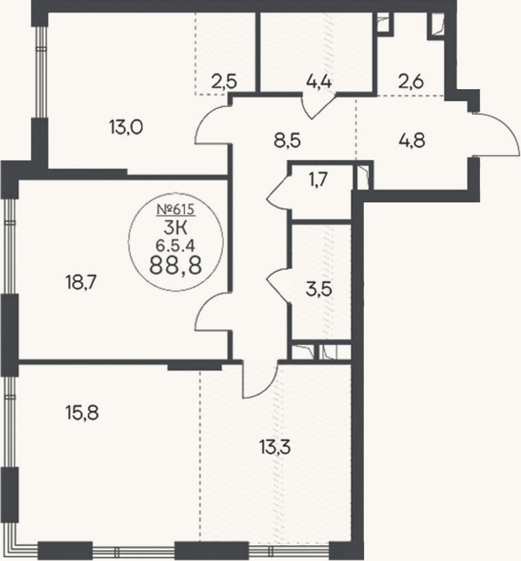 Планировка: 3-к, 88,8 м²