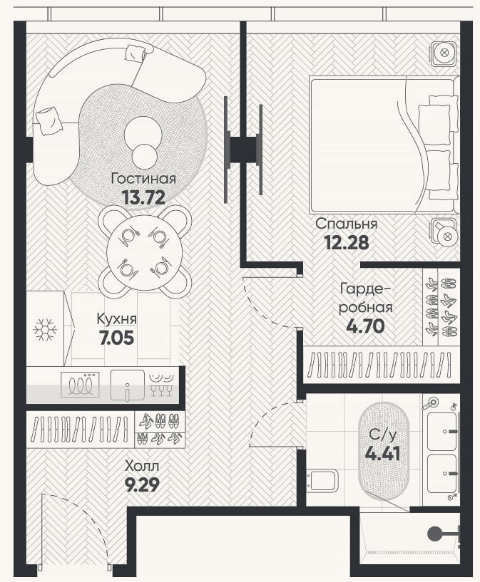 Планировка: 2-к, 51,5 м²