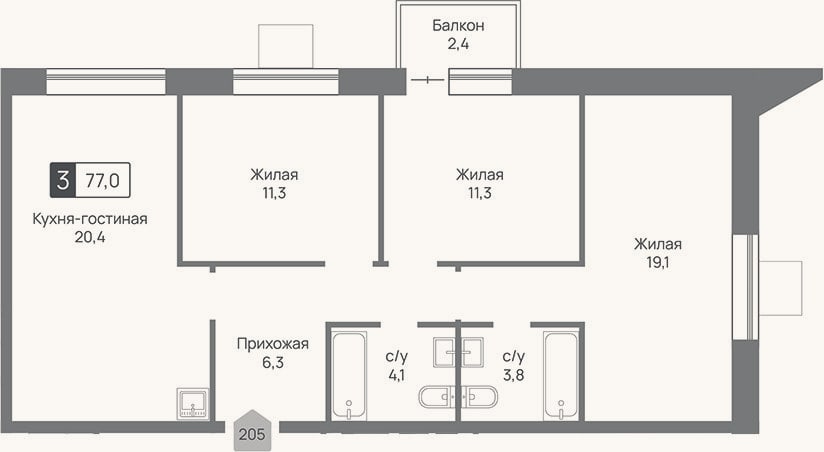 Планировка: 4+ к, 76,3 м²