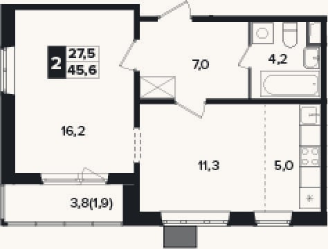 Планировка: 2-к, 43,7 м²