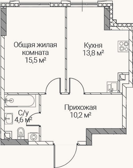 Планировка: 1-к, 44,1 м²