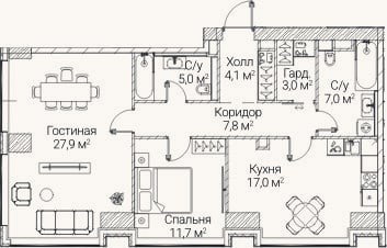Планировка: 2-к, 83,3 м²