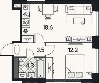 Планировка: 2-к, 38,6 м²