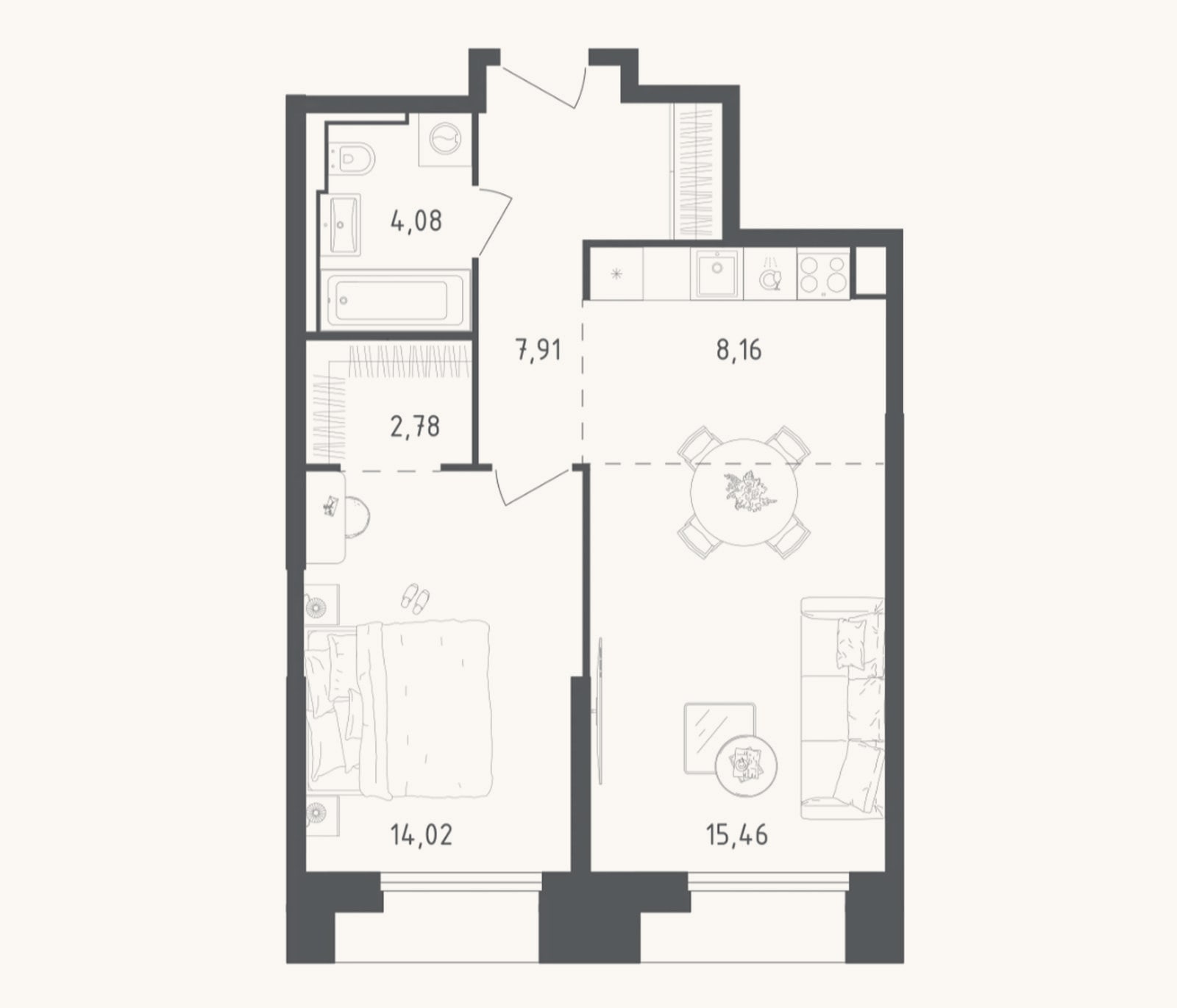 Планировка: 2-к, 52,4 м²
