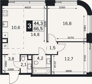 Планировка: 3-к, 66,5 м²