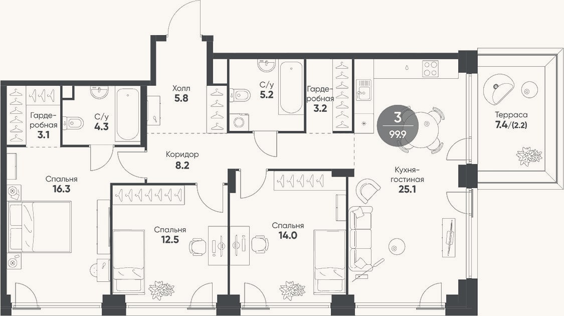Планировка: 4+ к, 97,7 м²