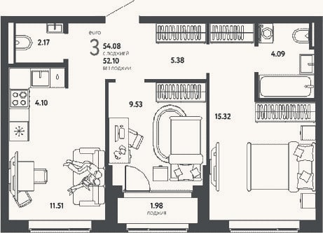 Планировка: 3-к, 52,2 м²