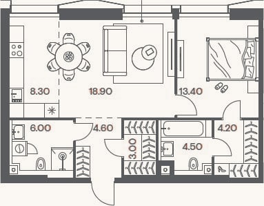 Планировка: 2-к, 62,9 м²