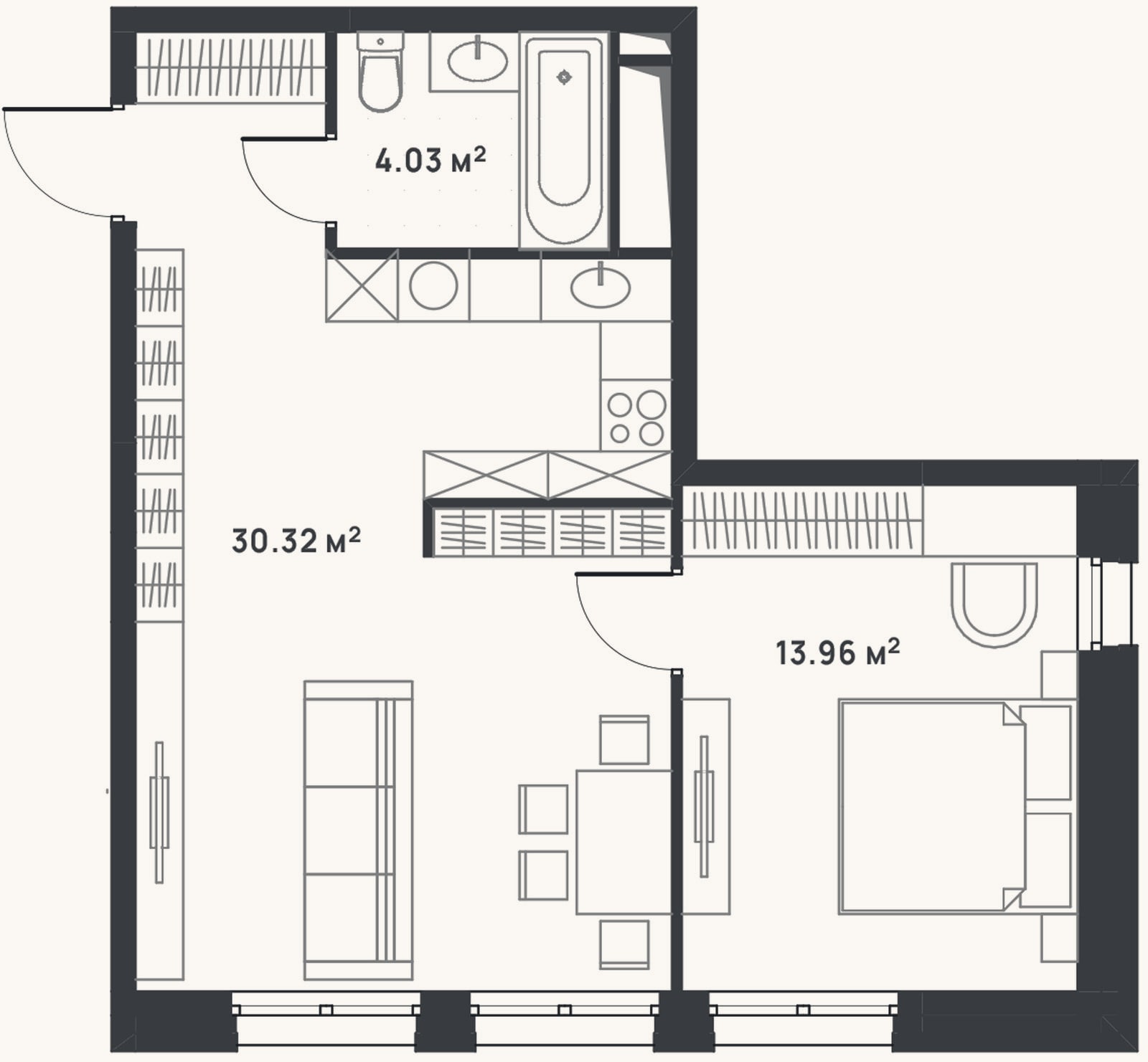 Планировка: 2-к, 48,3 м²