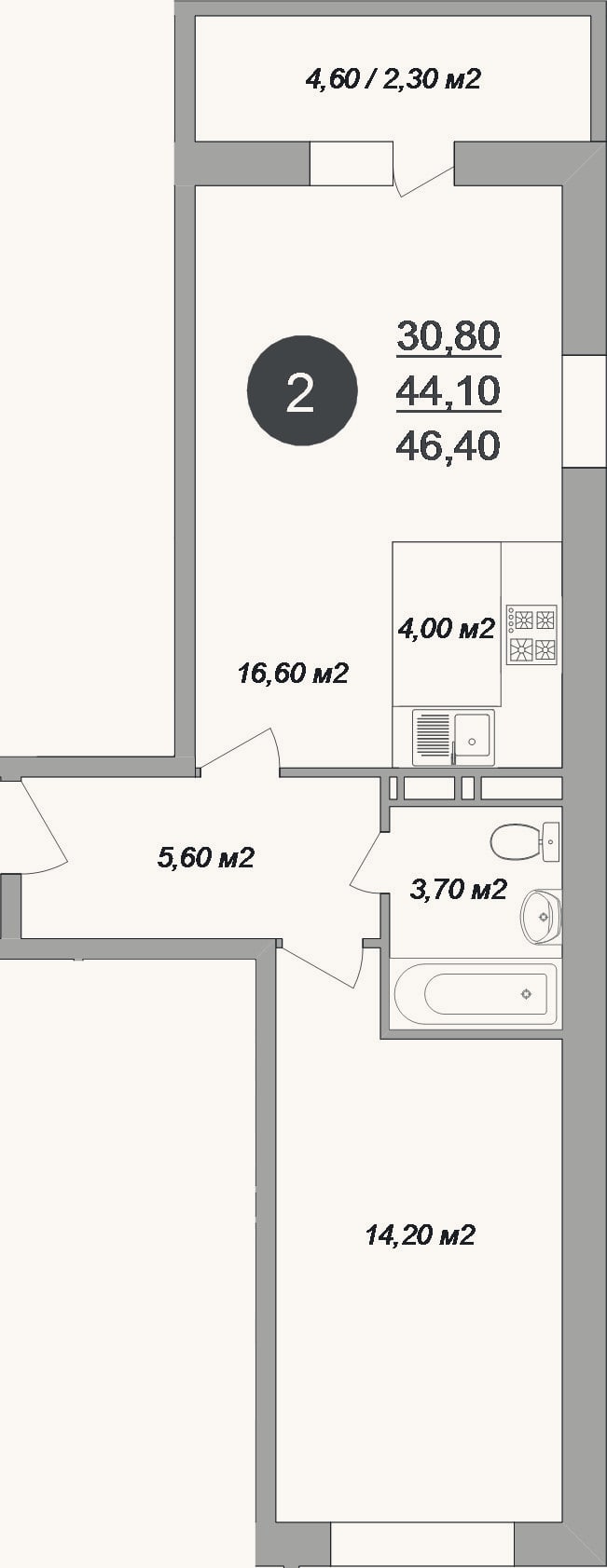 Планировка: 2-к, 44,1 м²