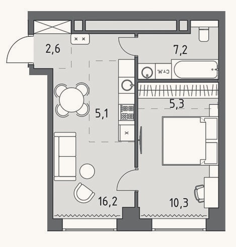 Планировка: 2-к, 46,8 м²