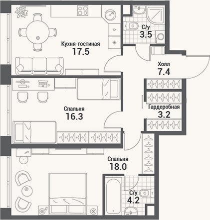 Планировка: 3-к, 70,1 м²