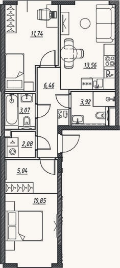 Планировка: 3-к, 56,7 м²