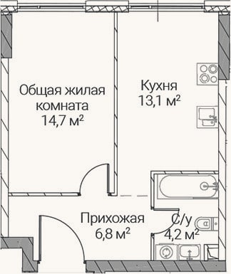 Планировка: 1-к, 38,8 м²