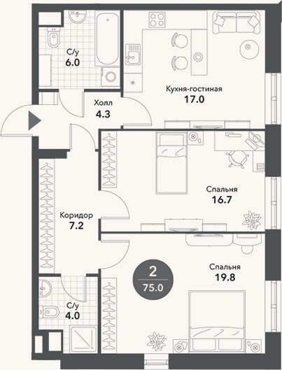 Планировка: 3-к, 75 м²
