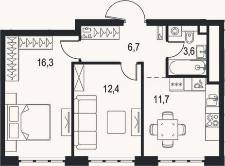Планировка: 2-к, 50,7 м²