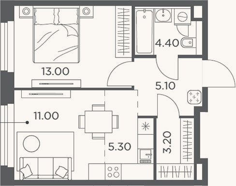 Планировка: 2-к, 42 м²