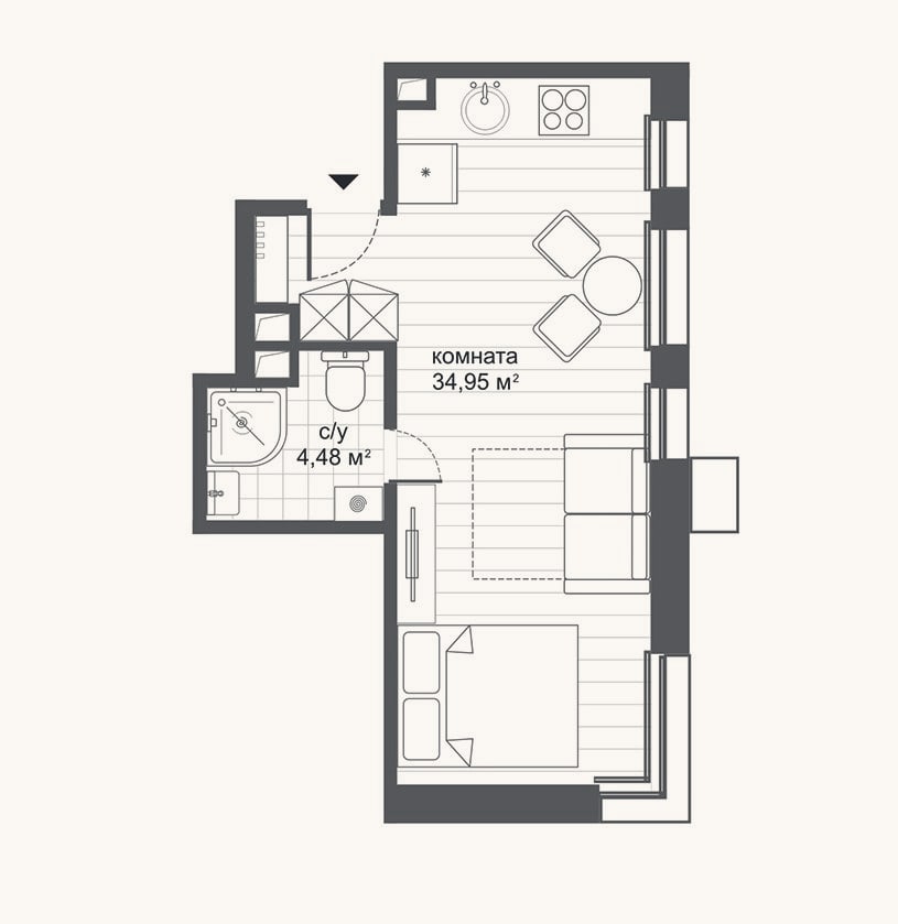 Планировка: Студия, 34,9 м²