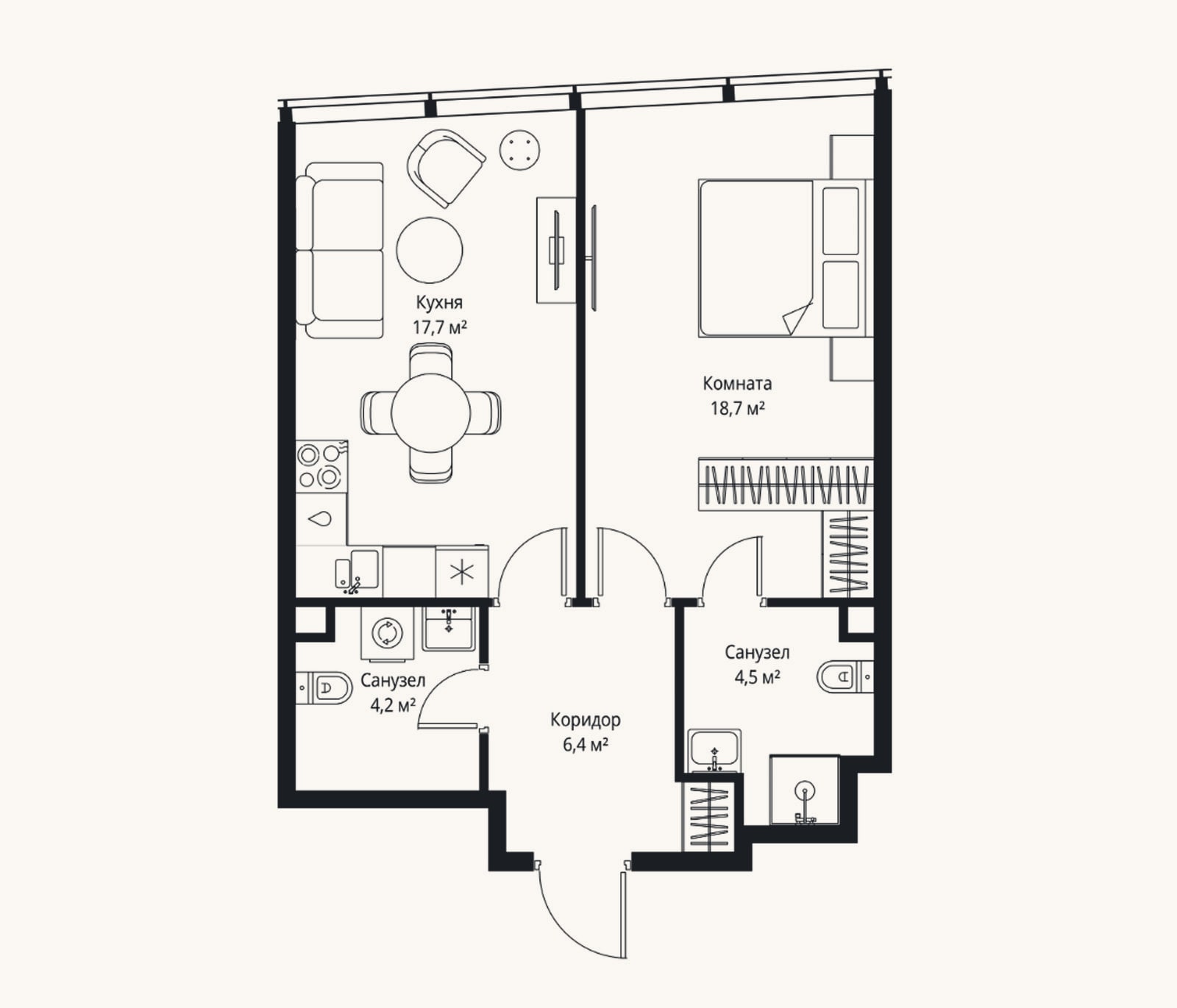 Планировка: 2-к, 51,5 м²