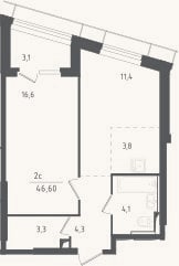 Планировка: 2-к, 43,5 м²